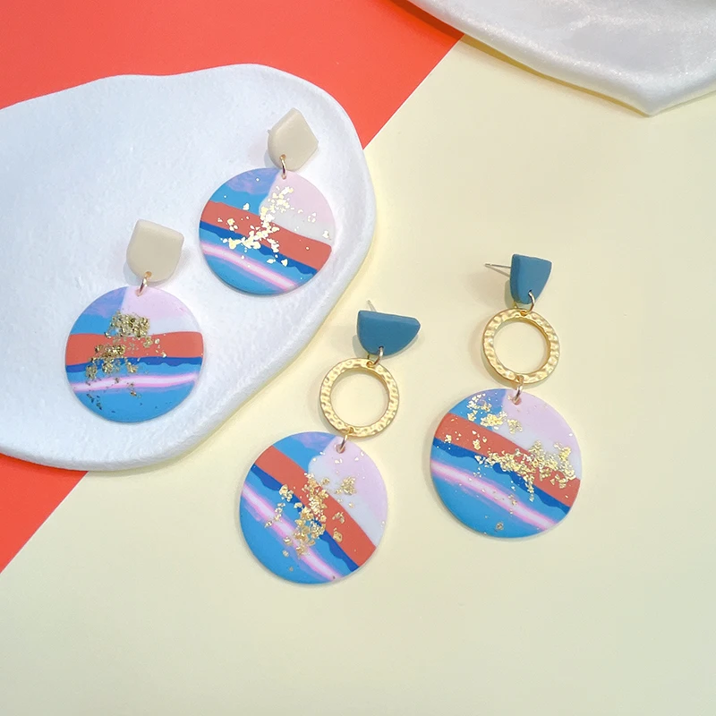 

Unique Colorful Pattern Polymer Clay Earrings for Women exaggerate Handmade Round Pendant Earrings aretes de mujer modernos 2022