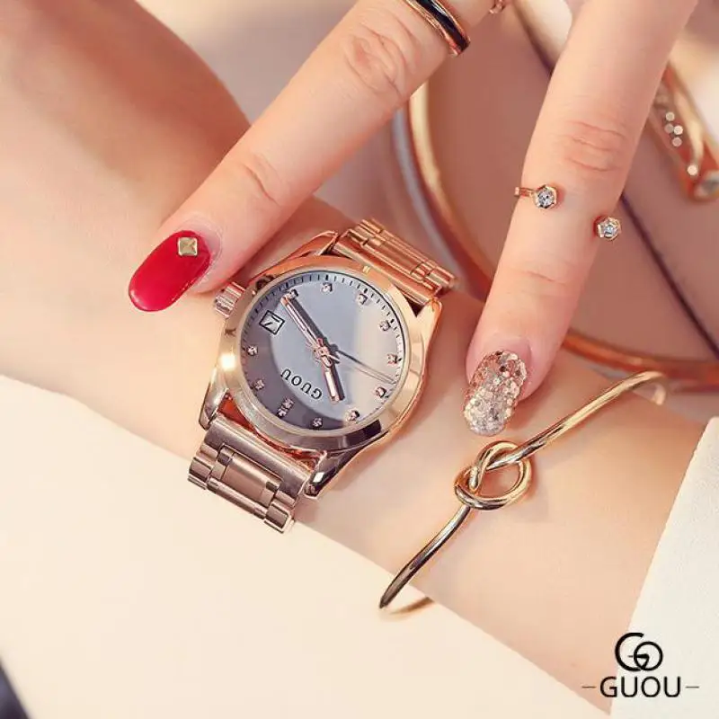 

Business Round Quartz Rhinestone Dial Casual Wrist Watches Stainless Strap Fashionable Clock Waterproof Wristwatch for Women
