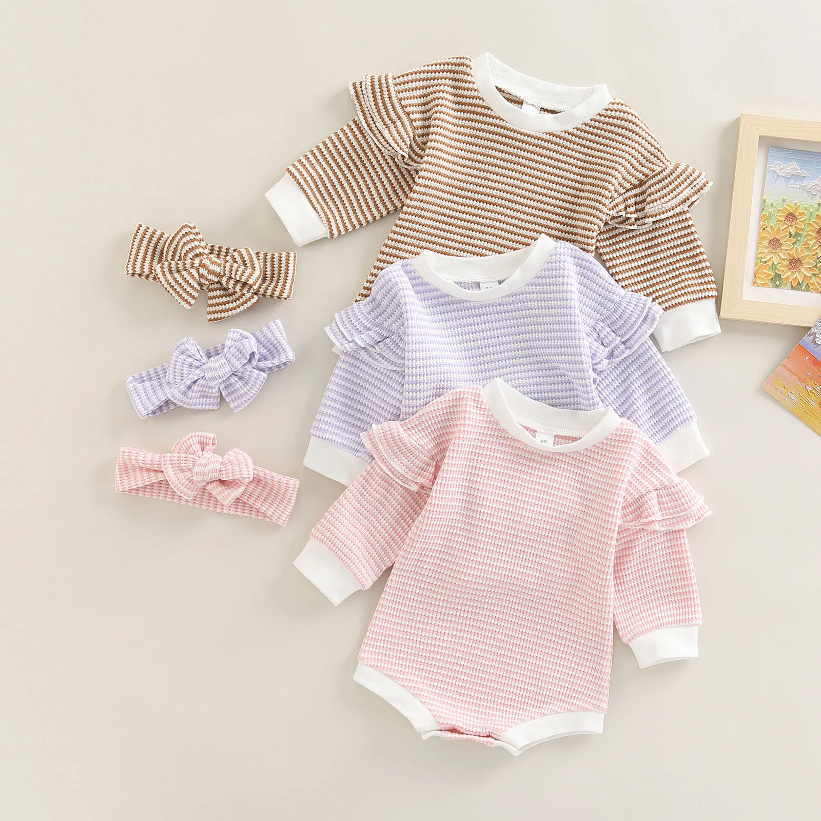 

2Pcs Baby Girl Fall Outfit Stripe Patchwork Ruffle Long Sleeve Romper Hairband Set 0-18M