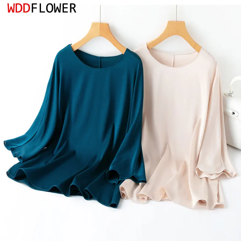 Women Silk Blouse 93% Mulberry Silk  7% Spandex 19 momme Beige Loose Type Blue Color Shirt Top Pullover 3/4 Sleeve M L XL MM831