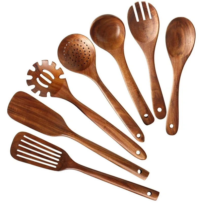 

1-11pcs/set Teak Natural Wood Tableware Spoon Ladle Turner Long Rice Colander Soup Skimmer Cooking Spoons Scoop Kitchen Tool Set