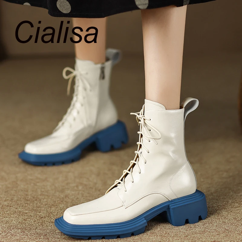 Cialisa Women Ankle Boots Autumn Winter Shoes New Handmade Genuine Leather Square Toe Mid Heels Short Boots Ladies Big Sizes 41