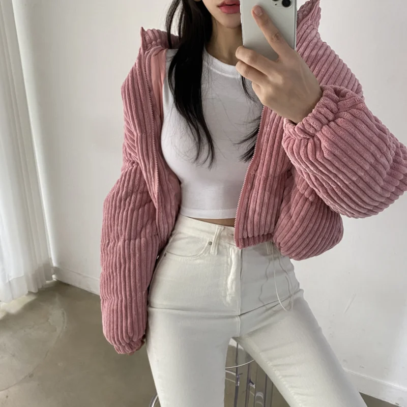 

Women Pink Down Jackets Parka Winter Short Corduroy Outerwear Fashion Leisure Duck Down Cotton Thicken Warm Female Loose Coat