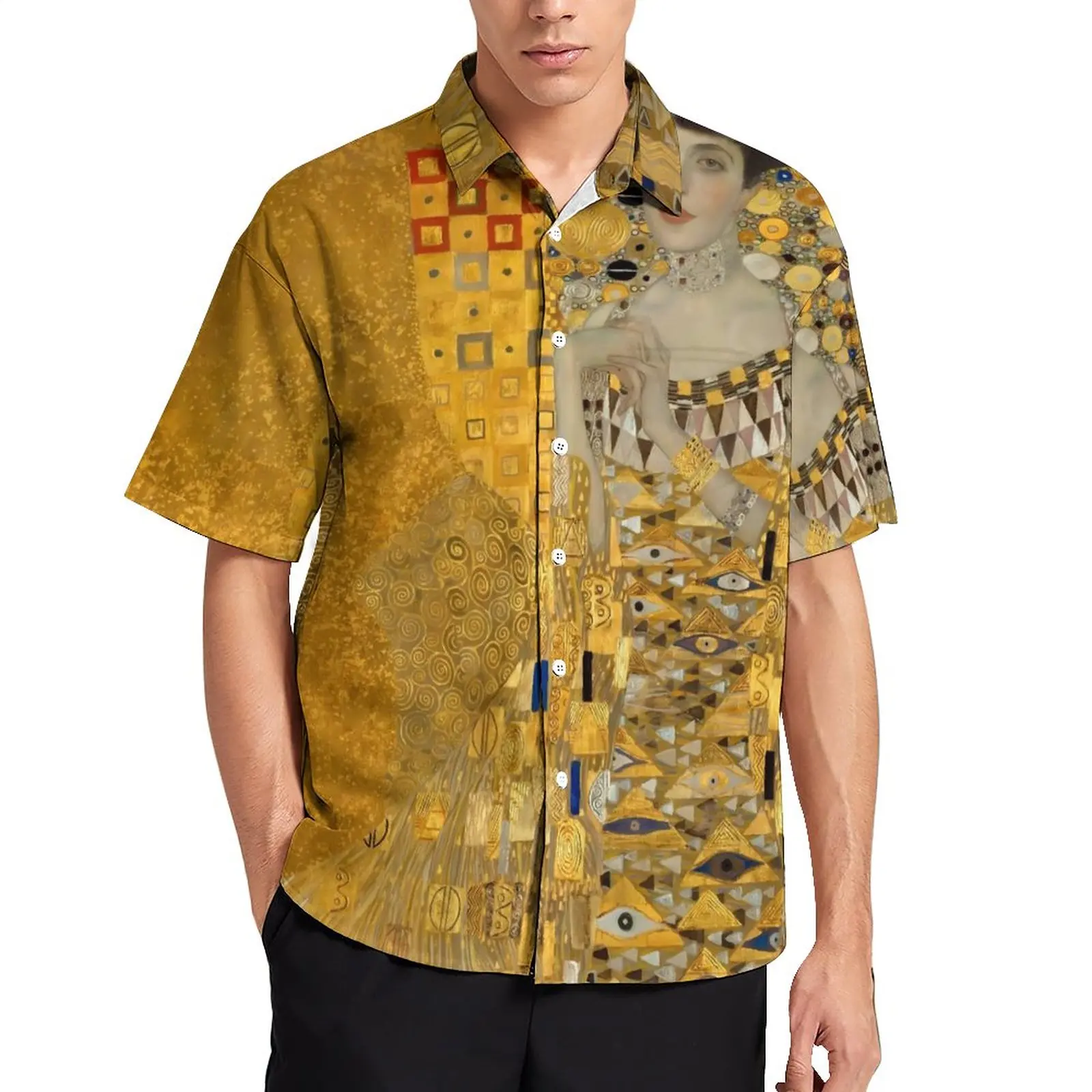 

Gustav Klimt Blouses Men Adele Bloch Bauer Casual Shirts Hawaiian Short-Sleeve Custom Oversized Vacation Shirt Birthday Present