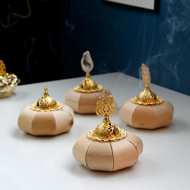 

Golden Metal Incense Burner Natural Wood Pumpkin Indoor Desktop Decoration Air Cleaning Horse Candlestick Feather Censer Holder
