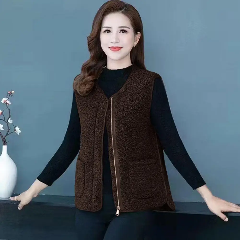 

Women Vest Patch Pocket Sleeveless Solid Color Lady Girl Short Loose Lambs Plush Waistcoat Jacket for Trip