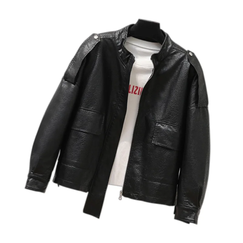 2023 autumn new loose version of women's short leather jacket stand-up collar short coat