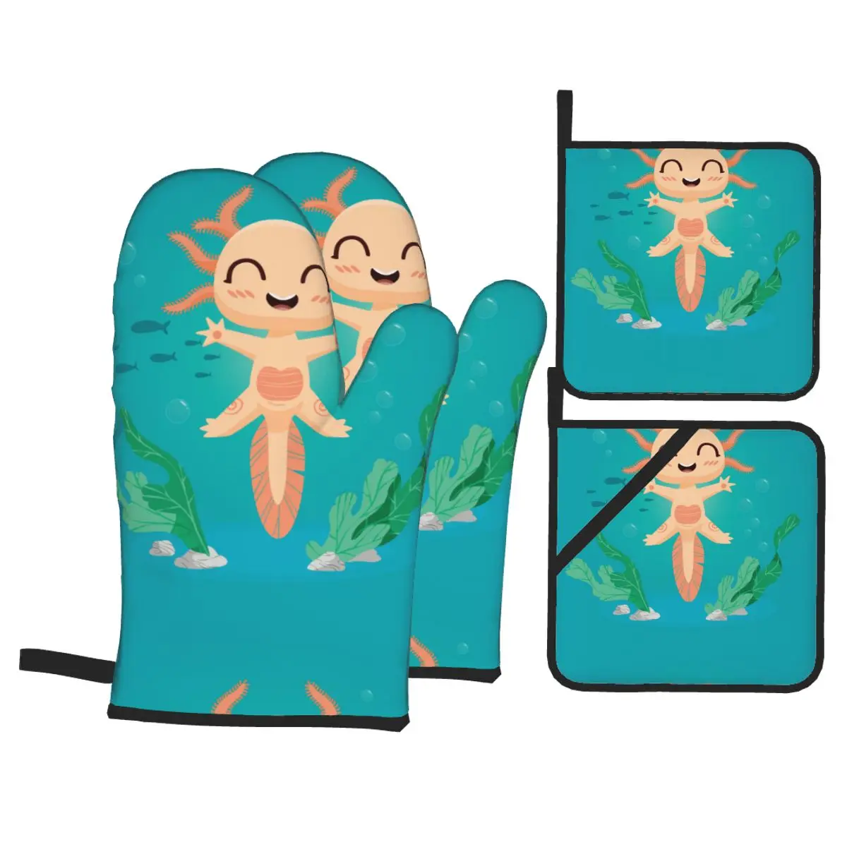 

4 Set of Kitchen Gloves Insulation Cute Axolotls With Fish Pad Cooking Microwave Gloves Baking BBQ Oven Potholders Mitts