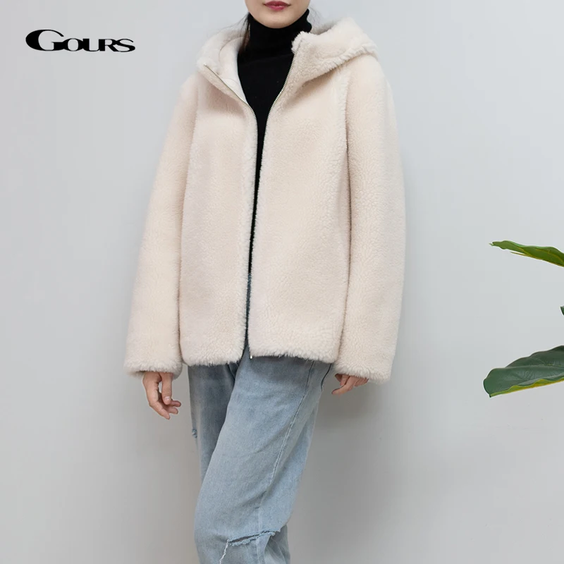 GOURS Winter Genuine Shearling Jackets for Women Fashion Natural Wool Real Fur Overcoats with Hooded Thick Warm Soft New LD1816