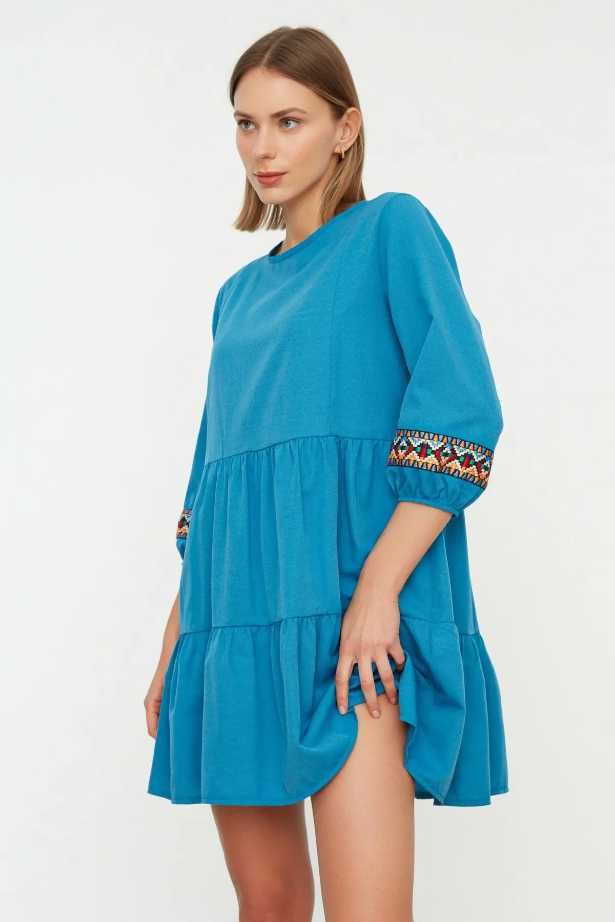 

Women's Dress Navy Blue Sleeve Detailed Elegant Fashion Casual Casual Comfortable Short Sleeve Summer Boho Beach Dress