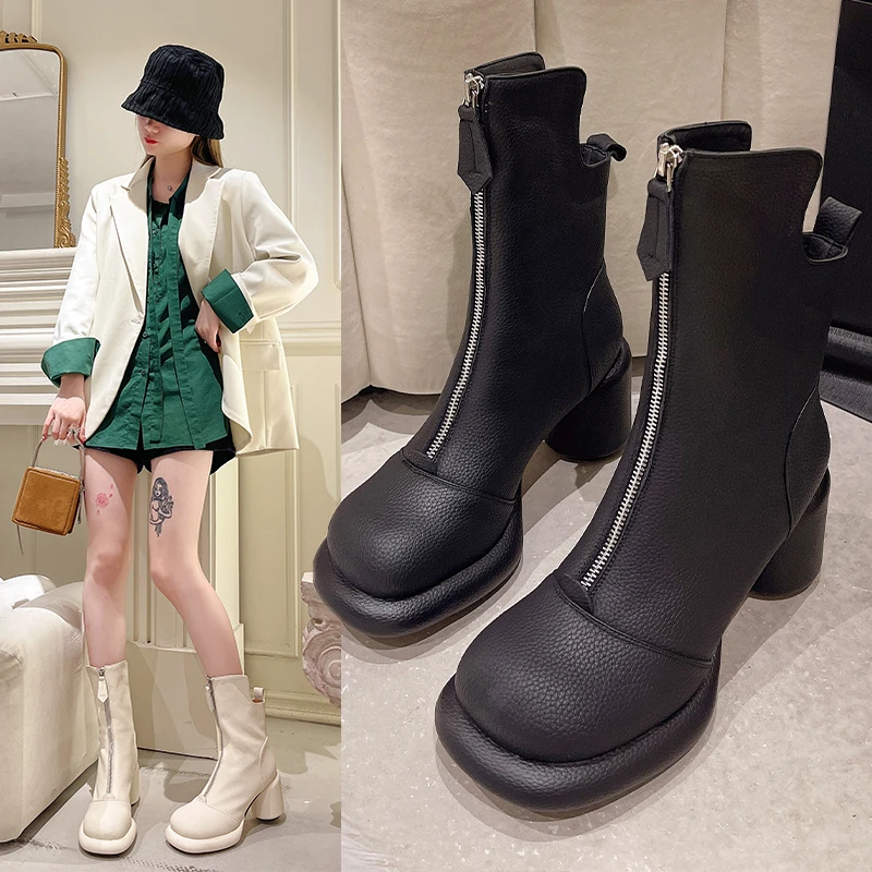 

Новинка, женские ботинки челси из мягкой кожи, обувь на платформе, Модные ботильоны на высоком круглом каблуке и молнии спереди, женская обу...