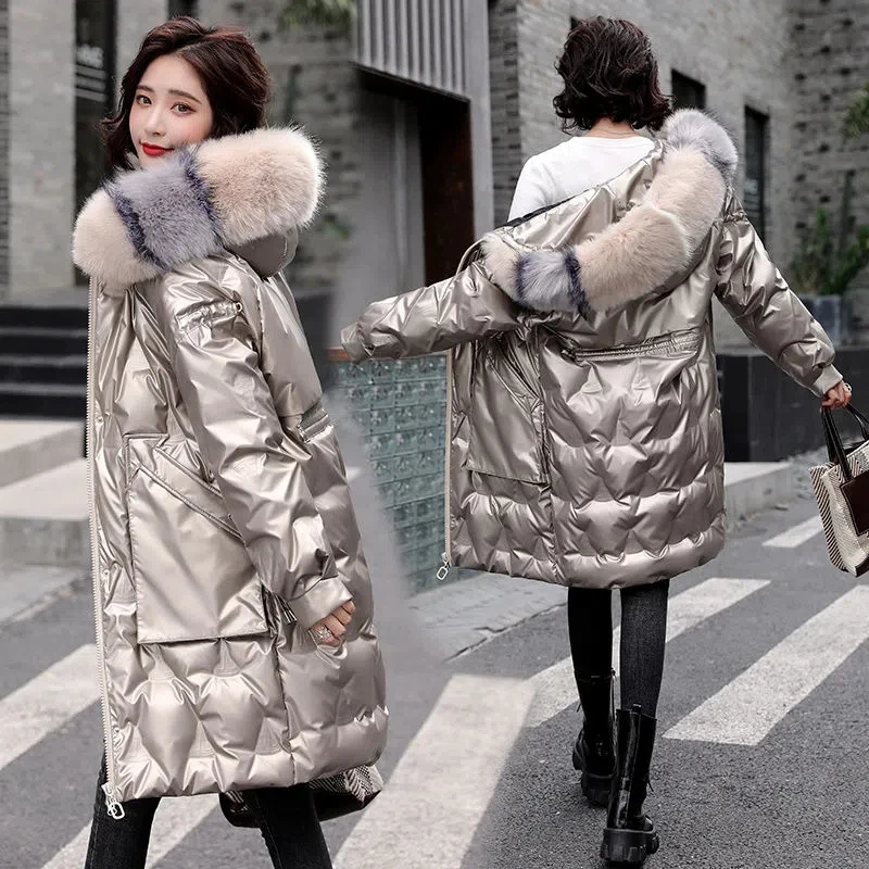 Down Jacket Women 2022 Winter New Hooded Warm Long Fur Collar White Duck Coat Female Casual Korean Loose Wash-free Shiny Parkas
