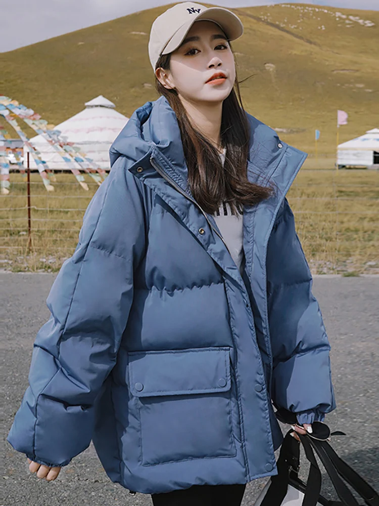 Autumn Winter Thicken Warm Medium Long Chic Parka Women Casual Sweety Solid Color Big Pocket Loose Hooded Coat Jackets Outwear