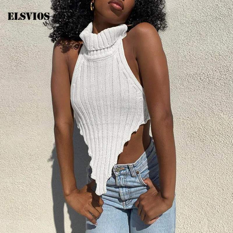 

Spring Summer Women Sexy Backless Knitted Short Vest Fashion Casual Solid Color Sleeveless Halter Irregular New Slim Tank Tops