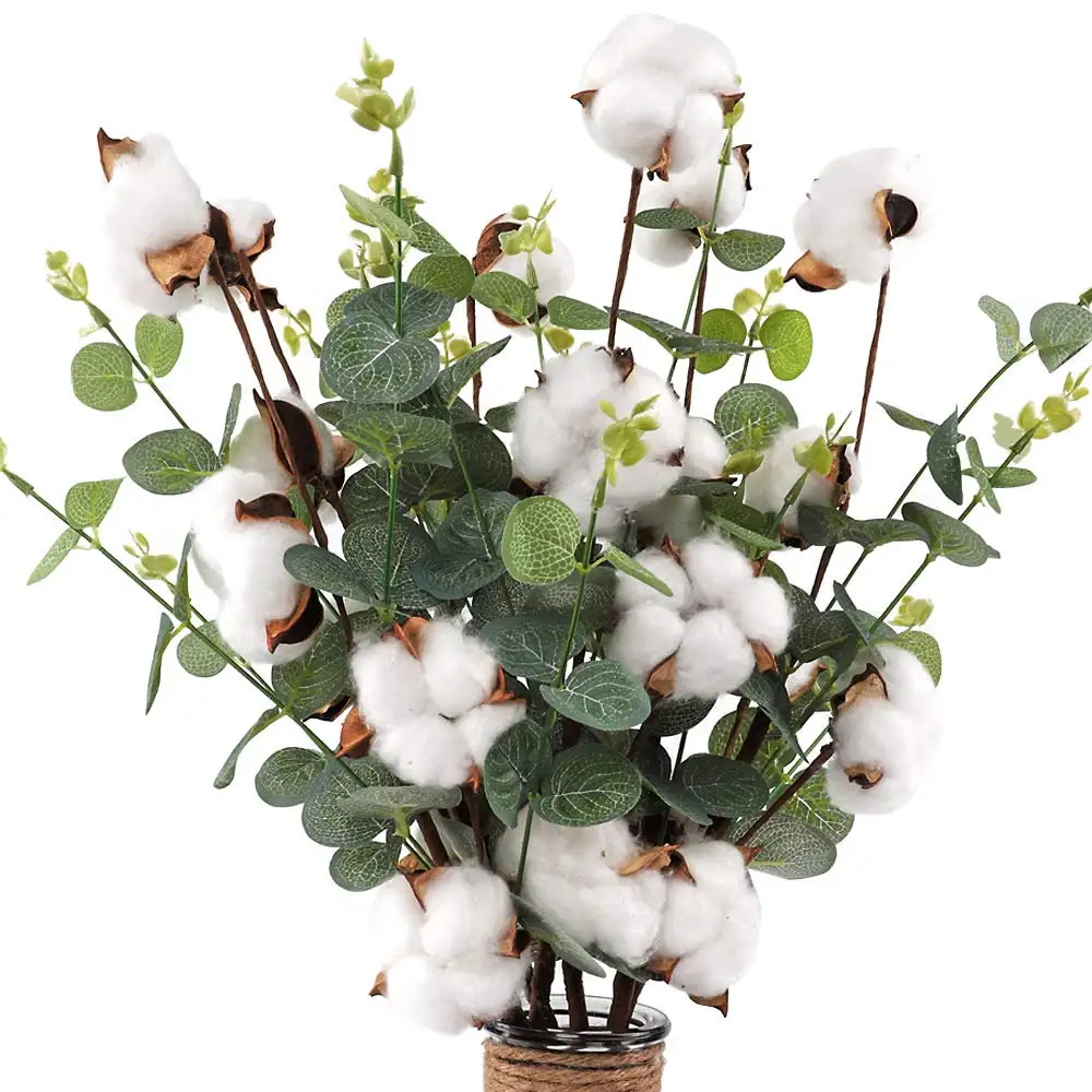 

3pcs Artificial Plant Cotton Flowers Stems 4 Cotton Heads with Eucalyptus Leaves Per Stem for Home Farmhouse Floral Decoration