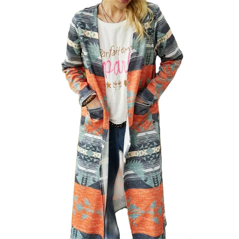

Casual Long Sleeve Geometric Print Cardigan Jacket Autumn Winter New Slimming Trench Coat Women Fashion Loose Pocket Windbreaker