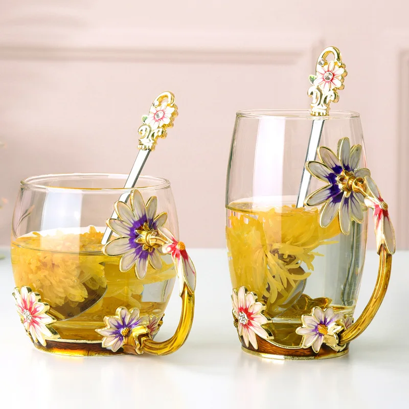 

Creative Carving Chrysanthemum Enamel Glass Water Cup High Temperature High-capacity Flower Glass Couple Mug Gift Crafts Modern