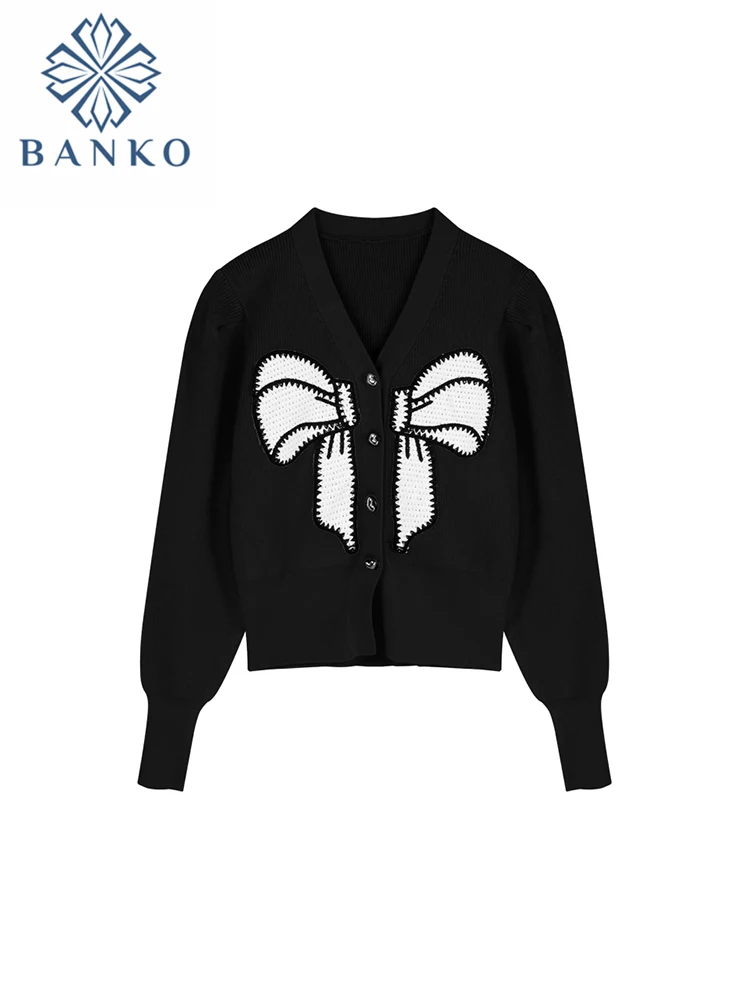 

Женский трикотажный кардиган, однобортный винтажный элегантный кардиган во французском стиле с бантом и V-образным вырезом, осень