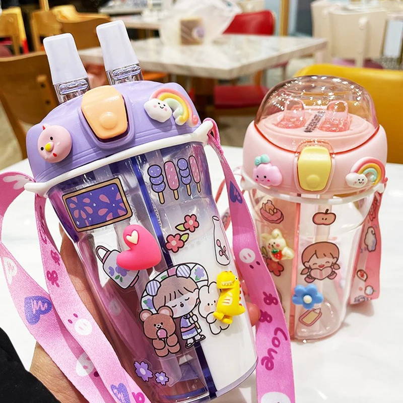 

Portable Straw Tumbler Student Couple Plastic Cup Gift School Kid Kawaii Kettle 430ml Cute Children Double Drinking Water Bottle