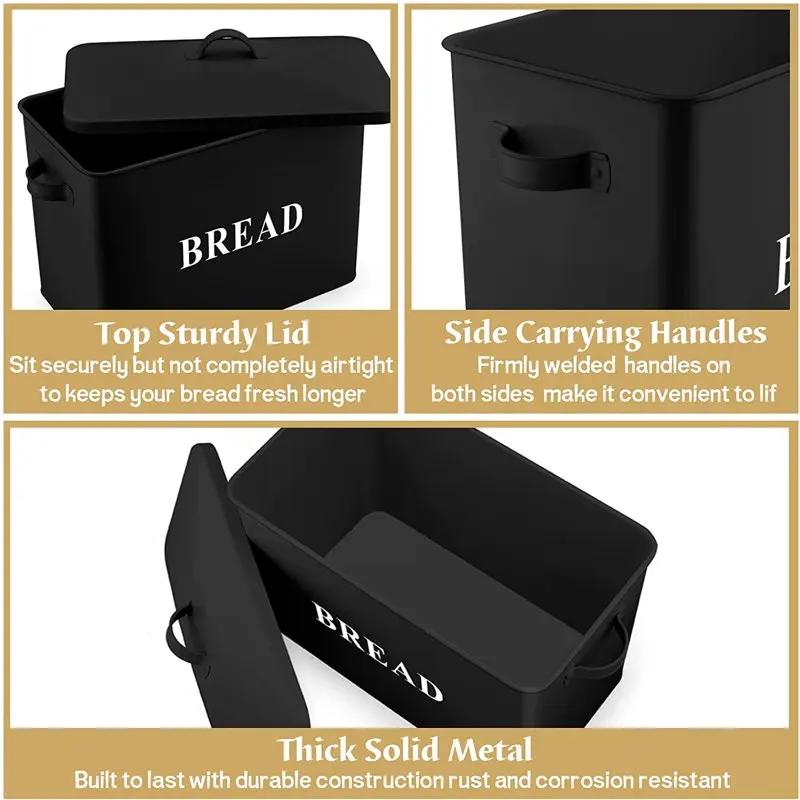 

Box for Kitchen Countertop, Black Metal Bread Bin Holder for Modern Farmhouse Decor, Extra Large & High Capacity Storage Contai
