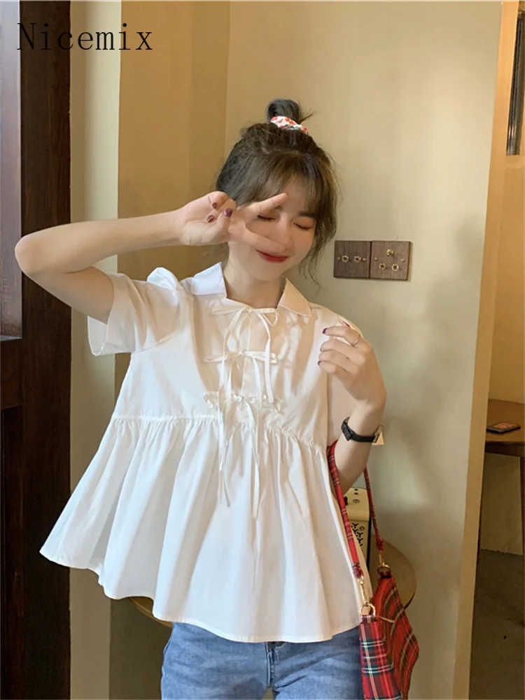 

Рубашка Nicemix Женская с воротником «Питер Пэн», милая блузка с короткими рукавами, однотонная на шнуровке, топы для женщин