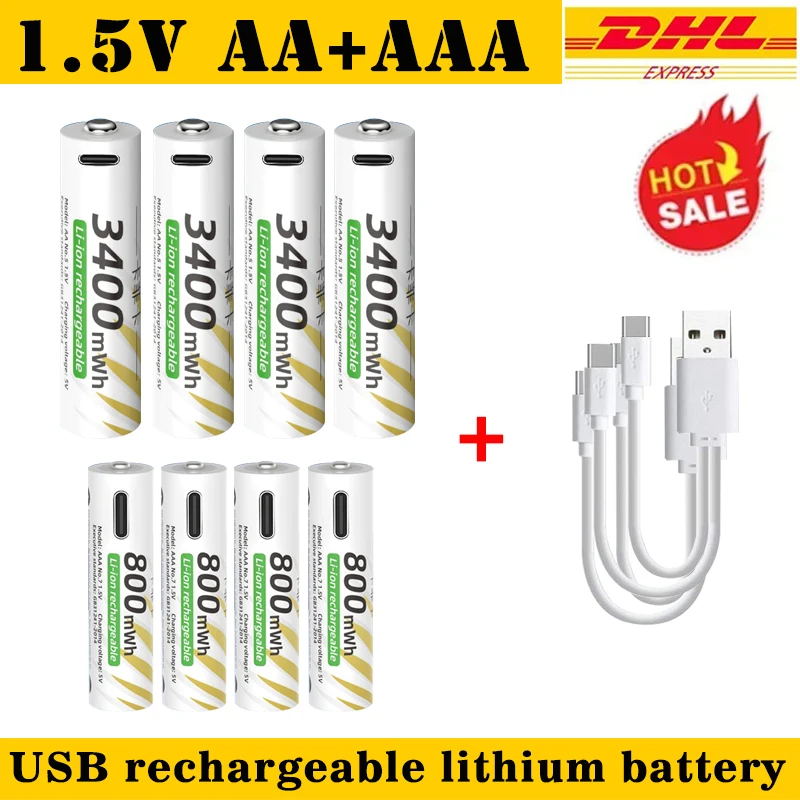 Фото Большая акция Литий-ионные аккумуляторные батареи типа AAA и AA USB литий-ионные аккумуляторы 3400 мВтч 1,5 В AA + 800 мВтч 1,5 В AAA Батарея для авиатранспорта №1