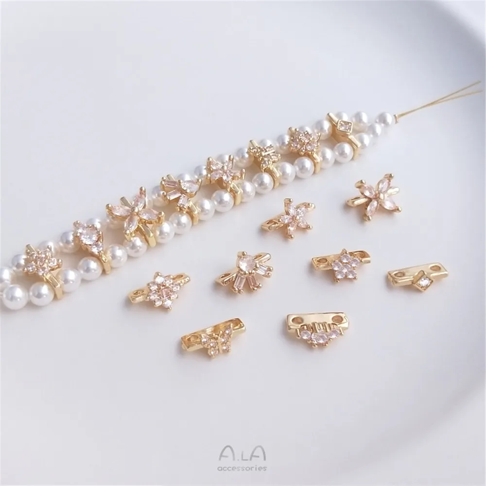 

14K gold with zirconium flowers butterfly double row string pearl spacer double hole spacer beads material jewelry accessories