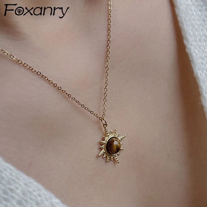 Женское Винтажное Ожерелье Солнце И Тигровый Глаз Элегантное Простое Длиной До