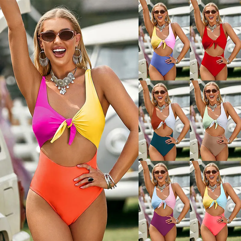 

2022 Summer Women Push Up Padded Swimsuit Color Matching Chest Knotted One-piece Swimsuit Two-piece Bikini Thong Monokini