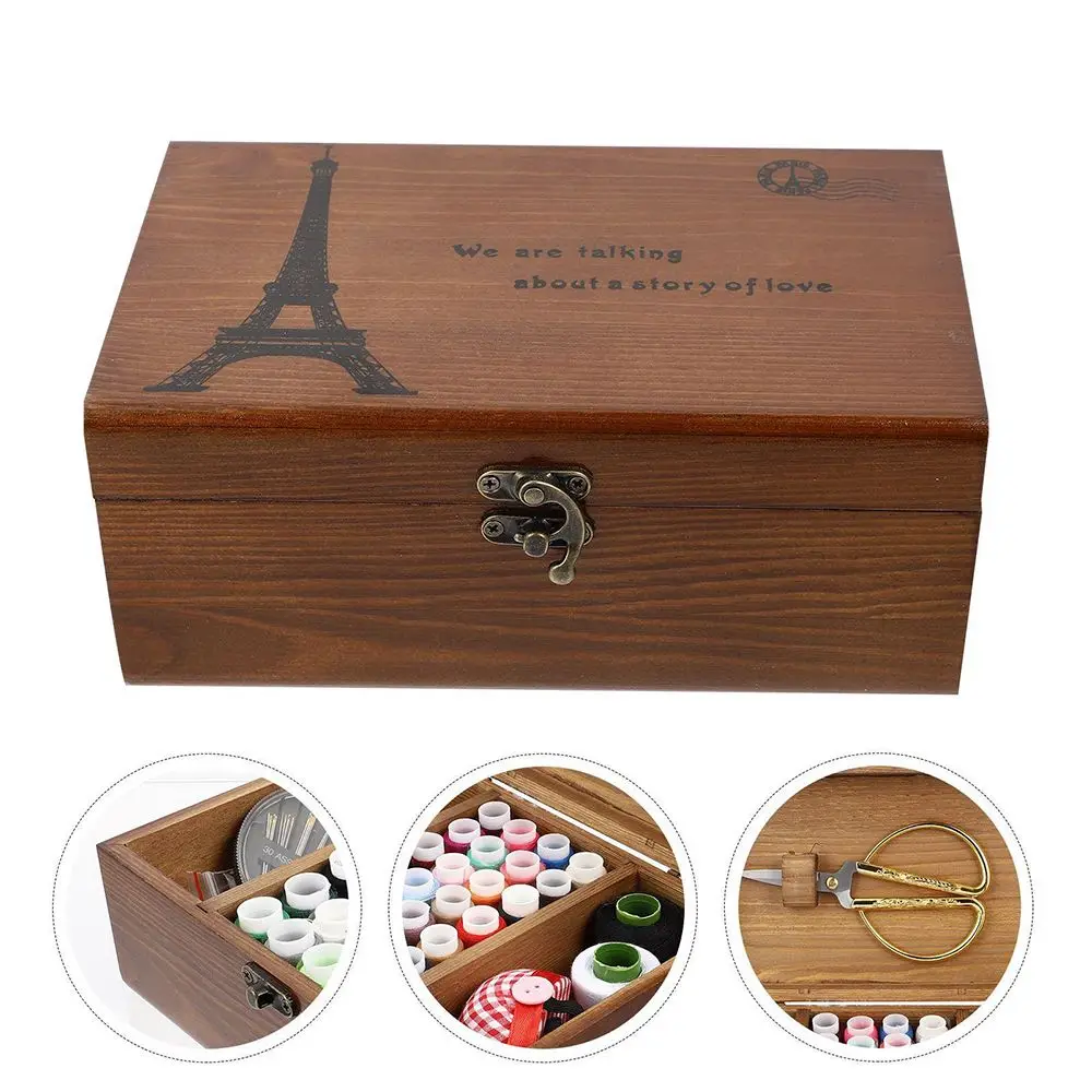 

Household Vintage Needle Thread Box Empty Wooden Sewing Box Needle Thread Storage Case Organizer DIY Sewing Kit Tools