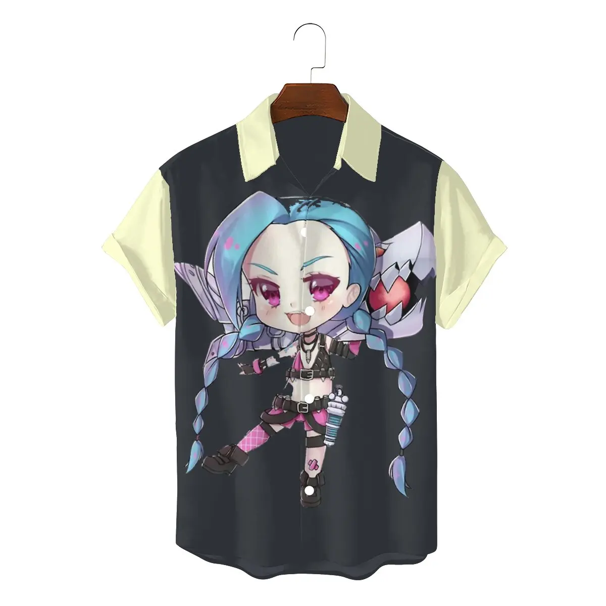 

Bubbly Jinx 2022 Man's Vintage Hawaii Shirts Arcane League of Legends LOL Anime Square Collar Short Sleeve Fabric 3D Shirt