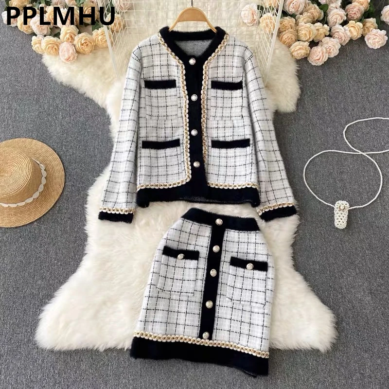 

Korean Vintage Plaid Imitation Mink Knit Two Piece Sets Women Fall Winter Chic Cardigan Suits Slim Knitwear Mini Skirts Outfits