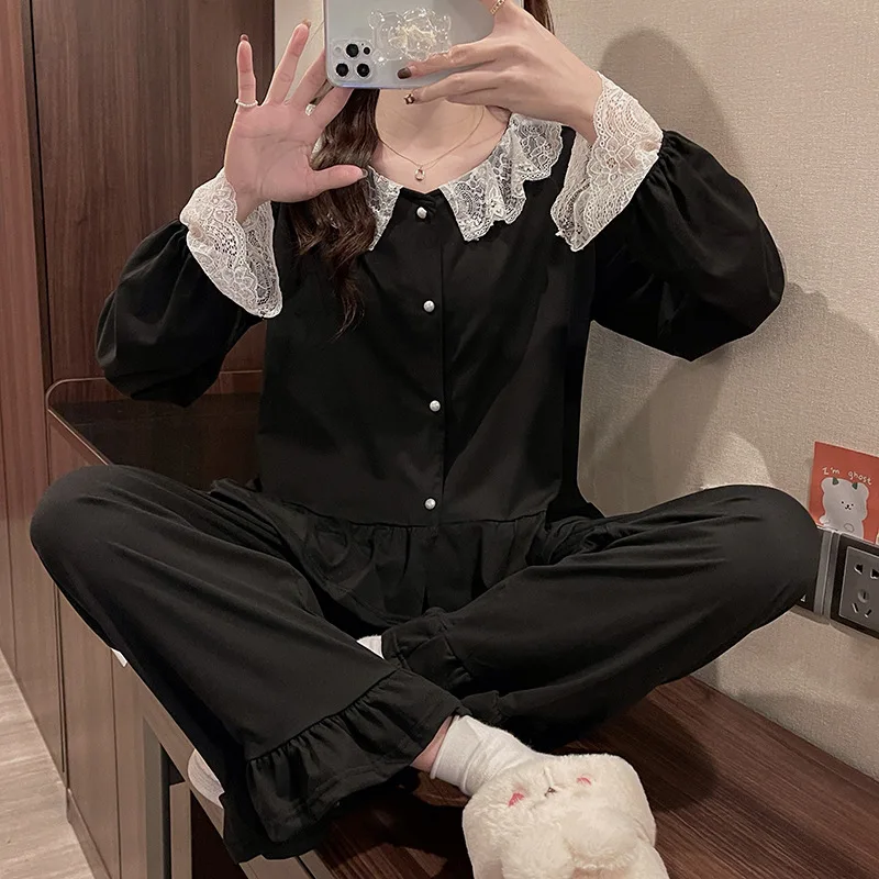 

Female Spring Autumn New Lace Home Clothes Two Piece Suit Women Soft Comfortable Nightclothes Lady Loose Casual Pajamas Set