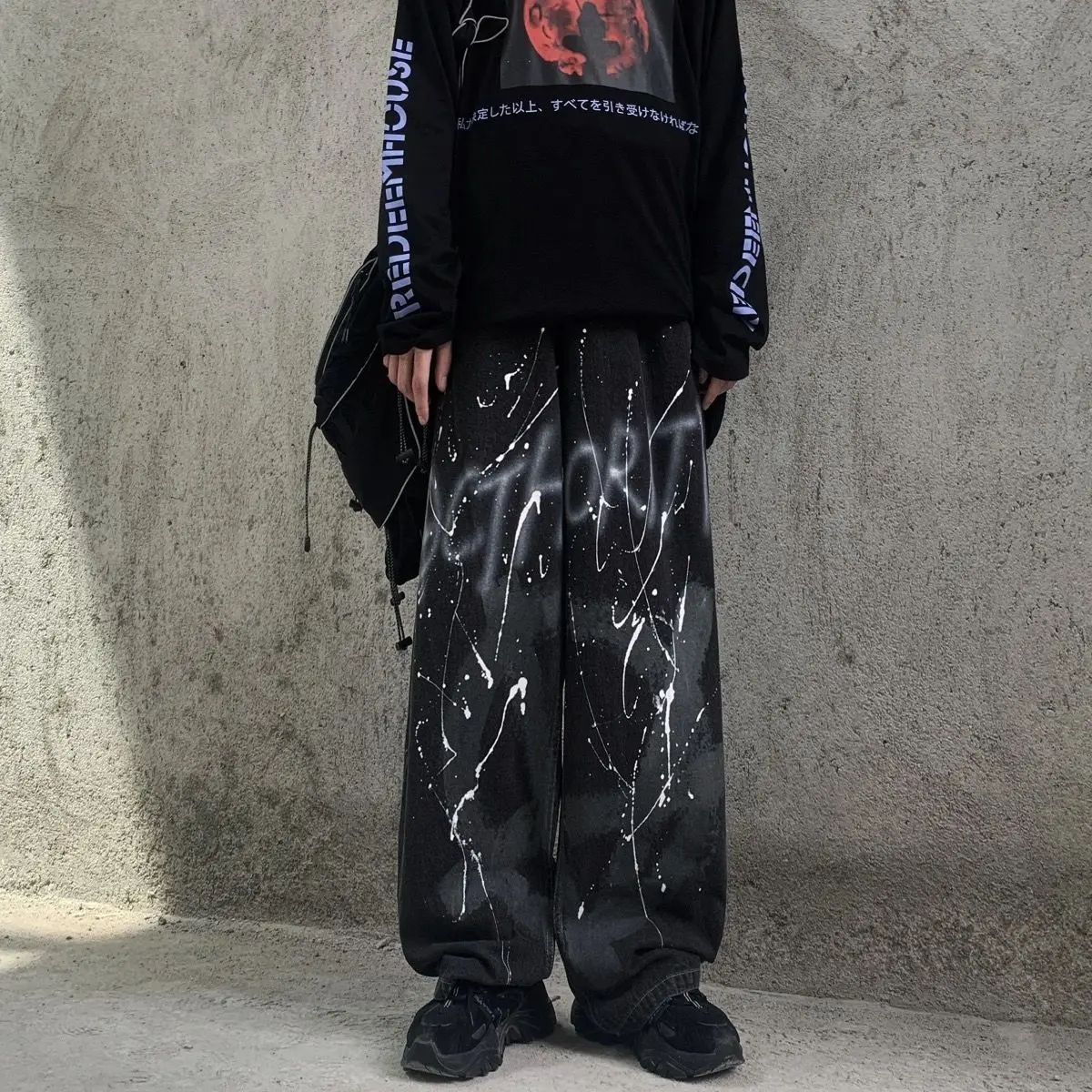 European and American High Street Ink Graffiti Print Retro Street Dark Straight Pants Loose Jeans Men Trend Baggy Jeans Casual