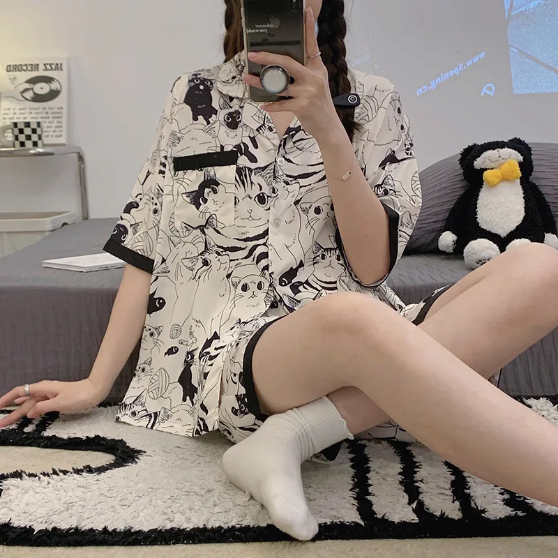 New summer pajamas female thin model imitation cotton short sleeve shorts cardigan lapel leisure home clothes set