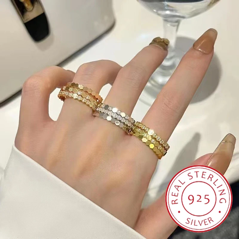 

High Quality 925 Sterling Silver Honeycomb Ladies Classic Stacked Fashion Ring Trend Brand Wedding Fine Jewelry Gift