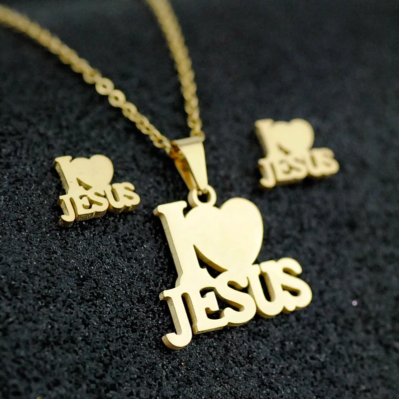 

Fashion Stainless Steel Jesus Cross Men Charm Heart Letter Pendant Necklace Jewelry Set Chain Christian Symbol Jewelry Gifts