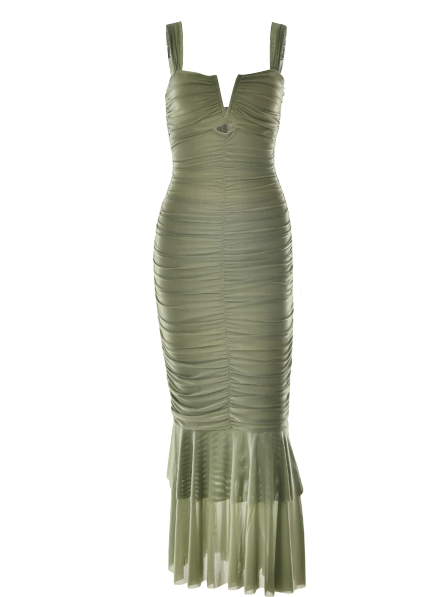 

Elegant V Neck Sleeveless Ruched Maxi Dress with Fishtail Hem and Cutout Detail for Formal Events Proms and Evening Parties