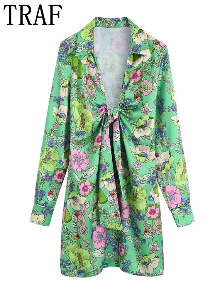 

TRAF Zar Green Floral Dress Woman Print Satin Dress Women Spring 2022 Vintage Long Sleeve Short Dresses Tied Elegant Dresses