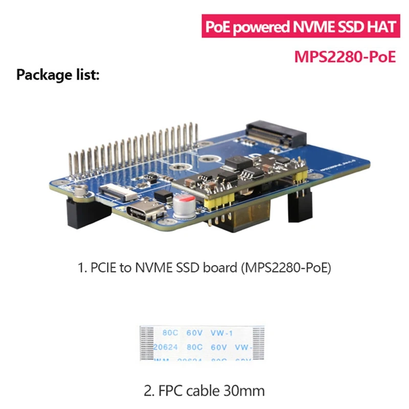 MPS2280 Poe для Raspberry Pi5 PCIE- NVME SSD HAT Поддержка 2230/2242/2280 выхода 5V4.5A Прочный Простой в