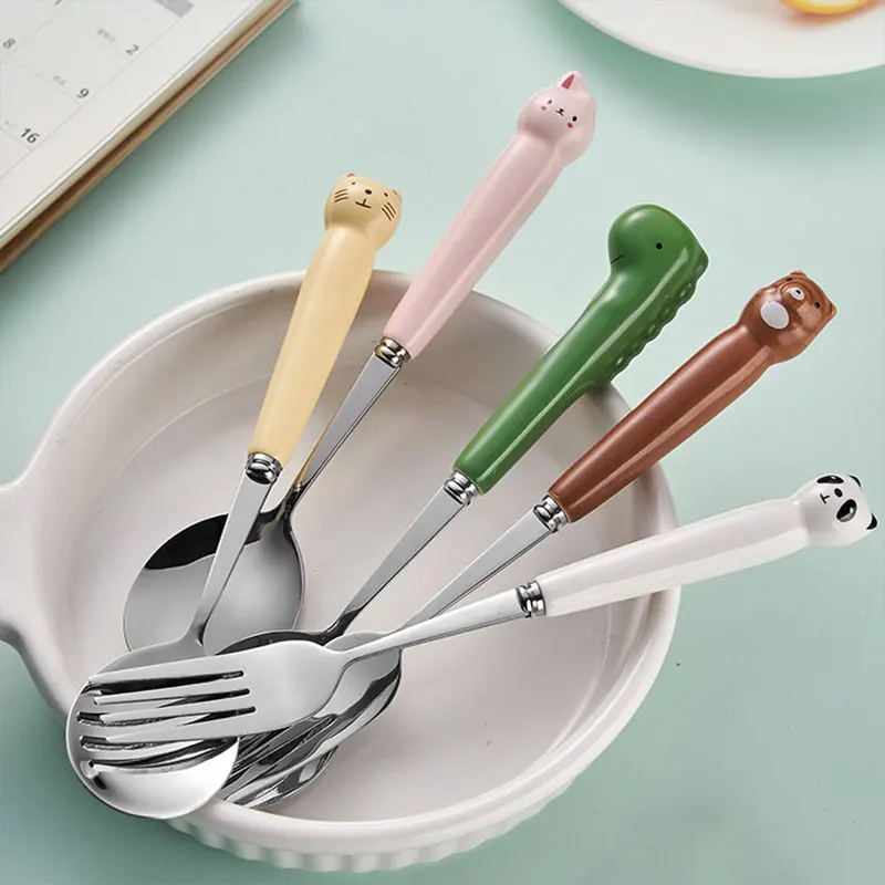 

2pcs Cartoon Ceramic Tableware Stainless Steel Spoon Creative Animal Children's Meal Spoon Coffee Spoon Eat Small Soup Spoon