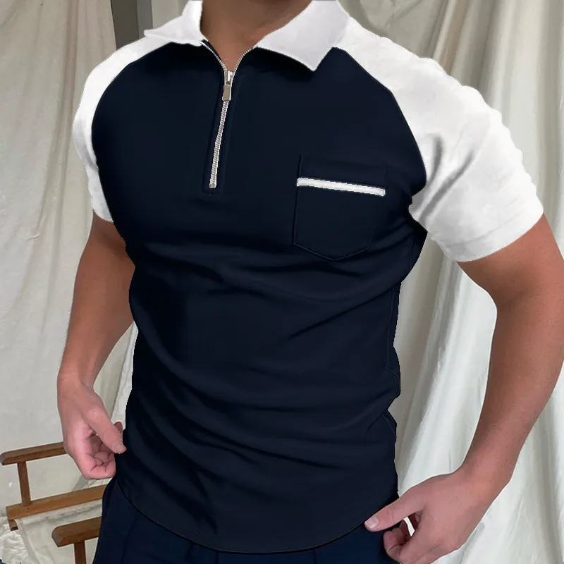 

Summer Casual Men Polo Shirts Patchwork Short Sleeve Anti-Pilling Slim fit Men Muscle Shirts Pockets Zipper Decoration Tops