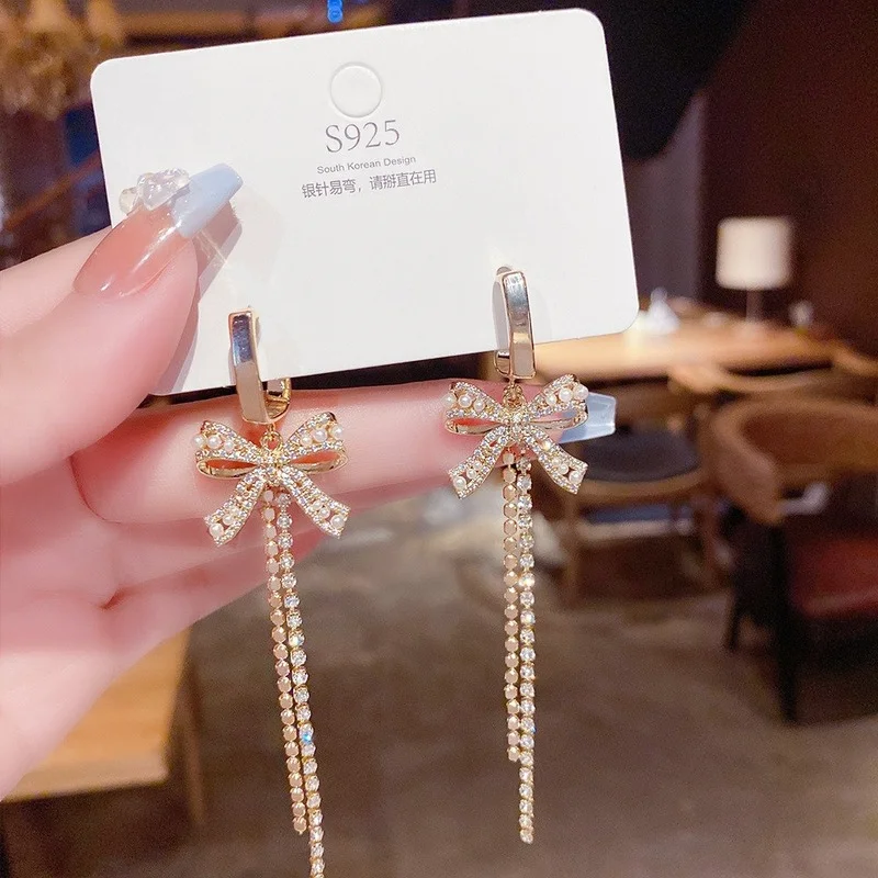 

2022 New Korean Zircon Bow Tassels Drop Dangle Earrings for Women Fashion Elegant Jewelry Party Gifts