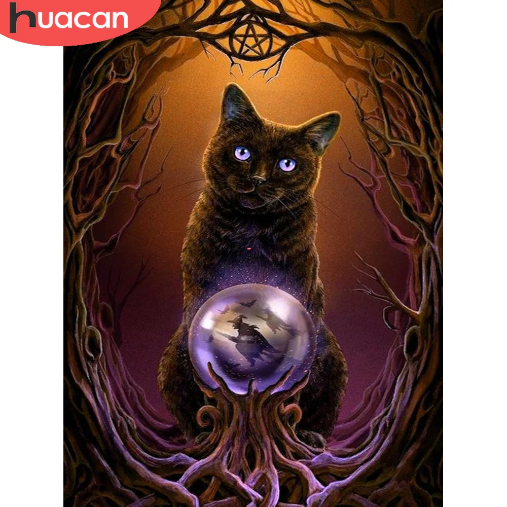 

HUACAN 5D алмазная картина животное квадратная круглая Алмазная мозаика черная кошка вышивка домашние настенные декорации подарок