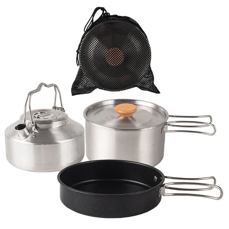

Stainless Cooking Pots, Pans and Kettle Kits with Storage Bag Outdoor Cook Sets