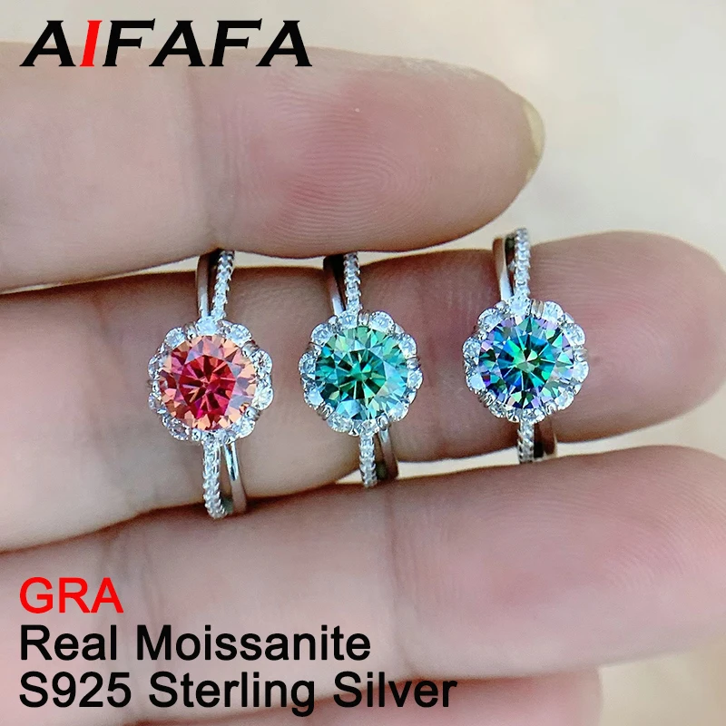 

AIFAFA Real 1 Carat D Color Moissanite Rings For Women 18k Plated 100% S925 Sterling Silver Red Green Diamond Ring Jewelry GRA