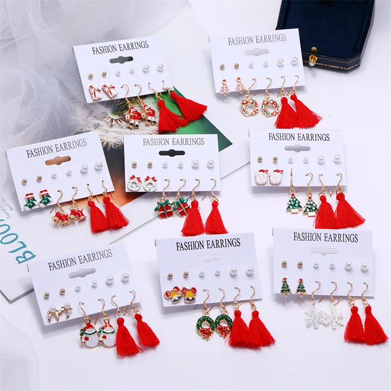 

Fashion Christmas Series Mix 6 Pairs Pearl Earrings Set Cute Santa Claus Bells Gift Box Red Tassel Earrings Jewelry Wholesale
