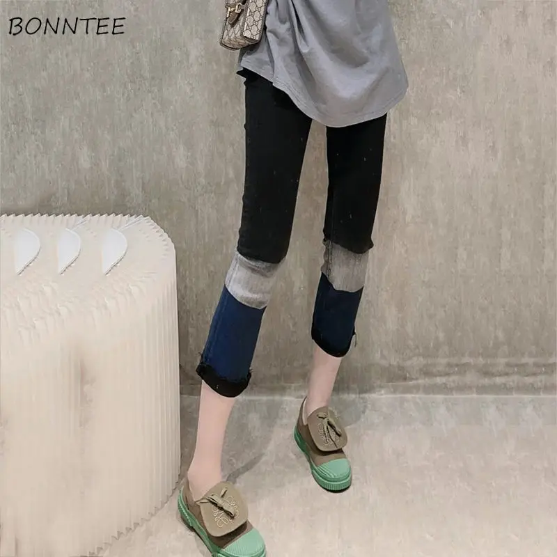 

Panelled Pencil Jeans Women Autumn Fashion High Street Design All-match Denim Vintage Ankle-length Y2K College Girls Popular Ins