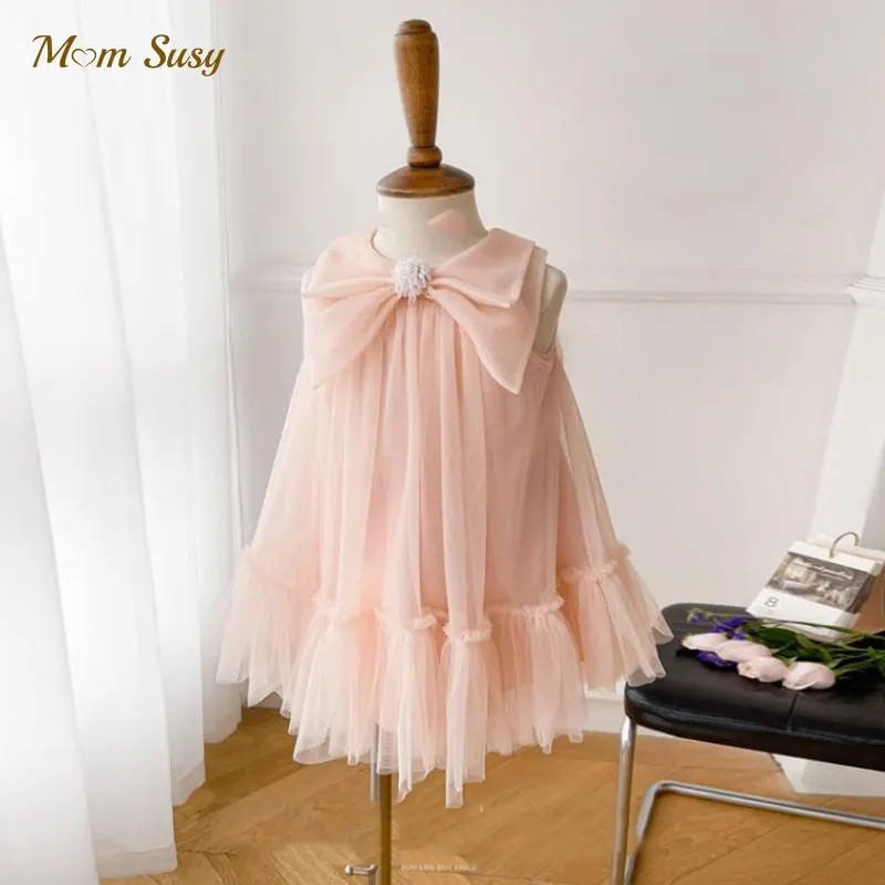 

Baby Girl Princess Bow Tulle Dress Sleeveless Infant Toddler Vintage Gauze Vestido Party Pageant Birthday Baby Clothes 1-7Y