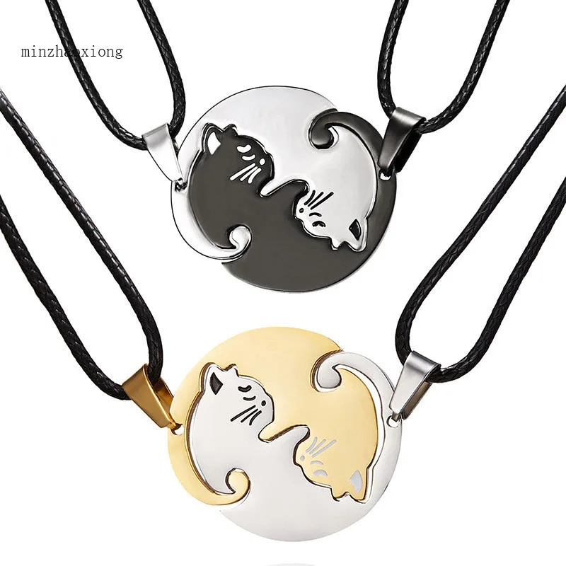 Парные подвески ожерелье для пары кошек черное белое круглое из нержавеющей
